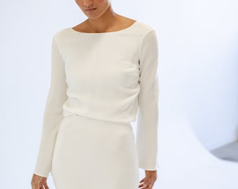 Silk crepe bridal top with elegant long sleeves and tie back, bridal topper