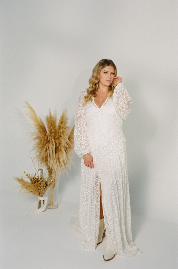 Buy Somerset Gown - Volume Long Sleeve Embroidered Silk Boho Wedding Dress  With Split Online in India