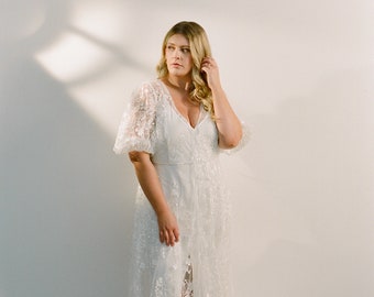 Luna Gown - Sequin lace puff sleeve overlay wedding dress with slip