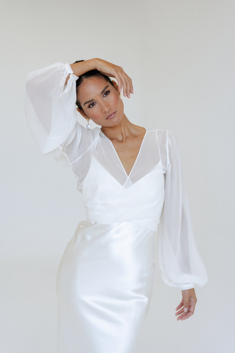 Silk crinkle bridal topper with volume sleeve and pearl button closure image 1