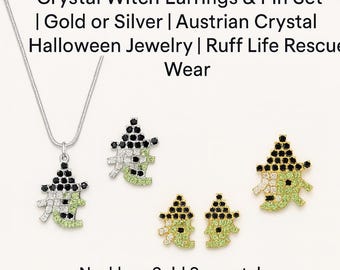 Juego de pendientes y broche de bruja de cristal / Oro o plata / Joyería de Halloween de cristal austriaco