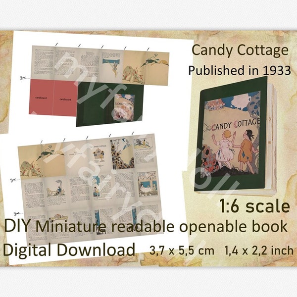 Vintage Mini Book "Candy Cottage" 1933 issue, Diy Openable doll book with 24 pages, dollhouse 1:6 1/4 scale, Blythe, BJD, Minifee