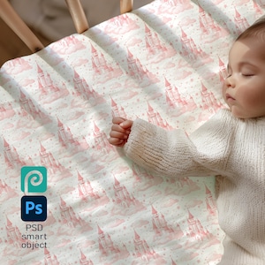 Baby Crib Sheet Mockup PSD: Smart Object Bedding Scene, Top View Nursery Textile Photo, Seamless Pattern Showcase for Photoshop