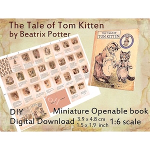Miniature vintage book with 25 pages, DIY readable book for dolls, dollhouse 1:6 scale, The Tale of Tom Kitten, Blythe, Pullip room