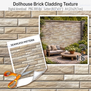 Puede incluir: Una descarga digital de textura de ladrillo para casa de muñecas con un patrón sin costuras. La imagen muestra el texto Dollhouse Brick Cladding Texture, Seamless Pattern y 1:6. Unas tijeras con mangos naranjas descansan sobre la hoja impresa.