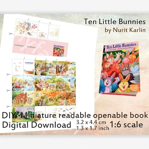 Digital Openable Miniature Book with 28 pages, DIY Readable Doll Book, dollhouse 1:6 1/4 scale, Ten Little Bunnies, BJD Blythe