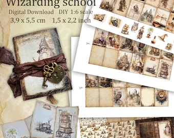 Wizarding School Miniature Junk Journal Kit - 70 Pages, 7 Fuzzy Cuts, 3 Pockets, Bookmark, Instant Download for Dollhouses & Halloween Decor