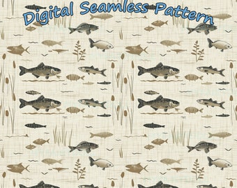 Fishing seamless repeat pattern: summer gender neutral design, fish freshwater, printable digital paper, print for Fathers Day gift wrapping