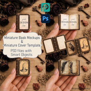 Miniature Book PSD Mockup Set: Open & Closed Dollhouse Book, Smart Object Cover Template for Junk Journal Preview
