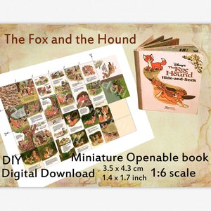 Miniature vintage book with 22 pages, DIY readable book for dolls, dollhouse 1:6 1/4 scale, The fox and the hound, BJD, Blythe doll room