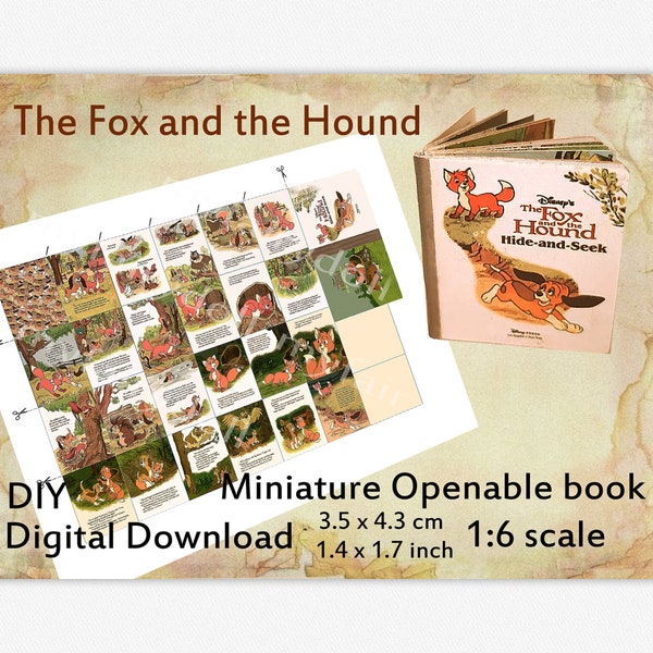 Miniature vintage book with 22 pages, DIY readable book for dolls, dollhouse 1:6 1/4 scale, The fox and the hound, BJD, Blythe doll room