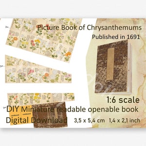 Picture Book of Chrysanthemums Issue 1691 DIY Doll Miniature Book with hieroglyphs and flowers 48 pages, Dollhouse Antique Old Vintage mini
