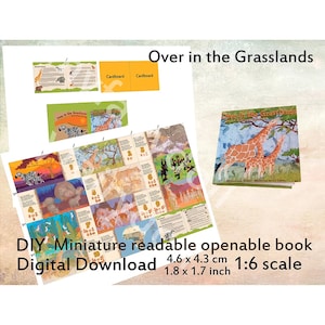 DIY Doll mini book with 26 pages, digital download, Over in the Grasslands, dollhouse library 1:6 1/4 scale, Blythe doll room