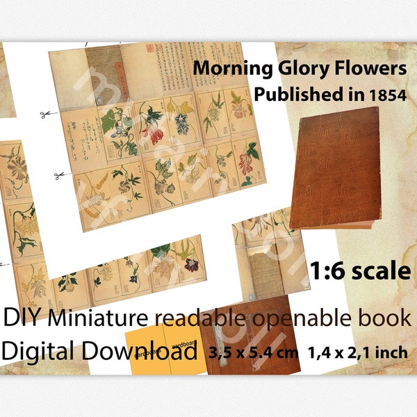 DIY Doll Miniature Book "Morning Glory Flowers" Issue 1854: Dollhouse Antique Vintage Mini Book with 48 pages