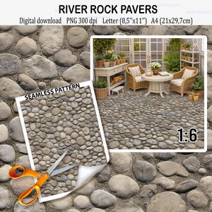 Puede incluir: Descarga digital de adoquines de roca de río. La imagen muestra un patrón sin costuras de pequeñas piedras redondeadas en tonos grises y marrones. El texto "RIVER ROCK PAVERS" y "SEAMLESS PATTERN" son visibles. La imagen también incluye una escala de 1:6.