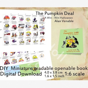 Printable Doll Mini Book with 36 pages, Dollhouse 1:6 1/4 scale, The Pumpkin Deal, DIY miniature library, Blythe Minifee home