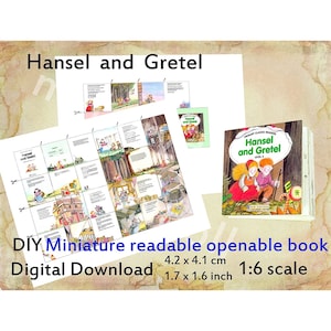 Printable Doll Mini Book with 28 pages &quot;Hansel and Gretel&quot;, Dollhouse 1:6 1/4 scale, Monster High room, DIY miniature library