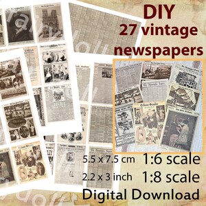 Miniature Vintage Newspaper Stack: DIY Printable 1/6 & 1 to 8 Scale Ephemera for Dollhouse, Roombox, Diorama Scene, Antique Book Nook Decor
