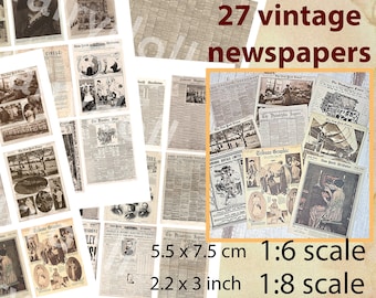 DIY miniature old stack of newspapers, 1/6 Scale printable newspaper, 1:8 Dollhouse, Antique diorama, Roombox, Vintage book nook