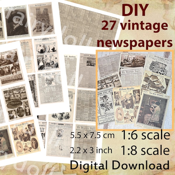 DIY miniature old stack of newspapers, 1/6 Scale printable newspaper, 1:8 Dollhouse, Antique diorama, Roombox, Vintage book nook