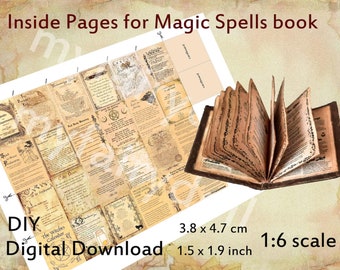 Può includere: Un libro di incantesimi magici fai-da-te stampabile con pagine che presentano vari incantesimi e invocazioni. Le pagine sono progettate per essere ritagliate e assemblate in un libro in miniatura di 3,8 x 4,7 cm. L'immagine mostra anche un libro in miniatura finito.