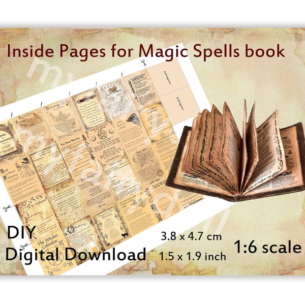 DIY 24 PAGES with 6 covers for Miniature Magic Spells Book 1:6 for Making Dollhouse Book, Printable Halloween vintage openable doll minibook