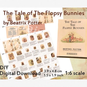 The Tale of The Flopsy Bunnies Livro vintage em miniatura com 28 páginas em escala 1:6 - livro legível DIY para boneca Blythe, biblioteca de casa de bonecas