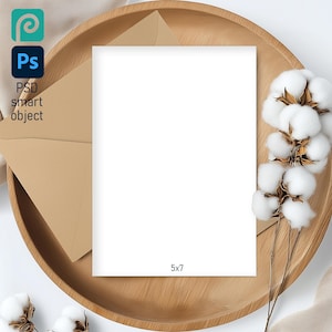 Invitation Card Mockup PSD: 5x7 Flat Lay Tray Scene, Smart Object Template for Wedding, Baby Shower, Birthday Etsy Listing Mockup