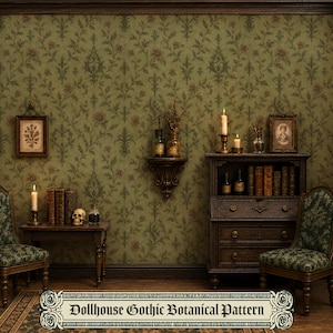 May include: A miniature room scene featuring a dark wood desk and two chairs against green floral wallpaper. The desk holds books, a skull, and a candle. A wall shelf displays glass bottles, while a cabinet holds books and candles.