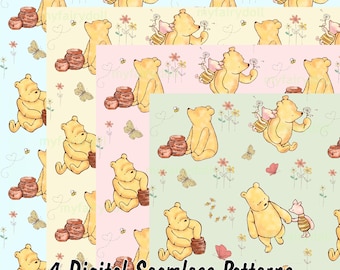 Classic Winnie the Pooh Seamless Patterns: 4 Pastel Watercolor Digital Papers, Baby Shower Scrapbook, Nursery Fabric & Wallpaper Design