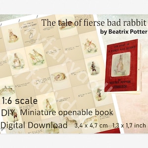 Peut inclure: Téléchargement numérique d'un livre miniature et ouvrable, "The Tale of Fierce Bad Rabbit" de Beatrix Potter. Le livre mesure 3,4 x 4,7 cm, avec des illustrations de lapins et du texte. L'image montre également une grille d'illustrations.