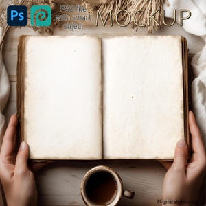 Puede incluir: Un libro antiguo abierto con páginas en blanco y envejecidas, sostenido por manos. Una taza de café está debajo. La imagen incluye el texto "MOCKUP" y "PSD file with smart object".