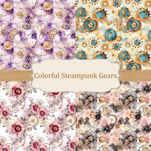 20 Steampunk digital seamless pattern with golden gears, colorful image, backgrounds with cogwheels for gift wrapping, junk journal supplies