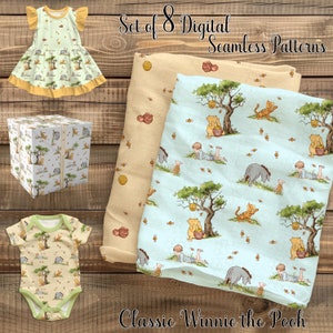 Motivi ripetuti senza soluzione di continuità con il classico Winnie-the-Pooh e i suoi amici: set di 8 design digitali per confezioni regalo, carta da parati, tessuto