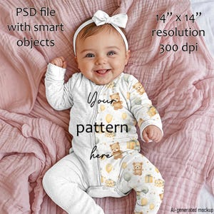 Baby Infant Jumpsuit All-Over Print Mockup – PSD Smart Object for Seamless Pattern Designer, Long Sleeve Romper Photoshop Mock-up, Bodysuit