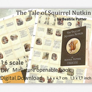 May include: A miniature DIY openable book titled "The Tale of Squirrel Nutkin" by Beatrix Potter. The book features illustrations of squirrels and text, with dimensions of 1.3 x 1.7 inches. The image also shows pages with illustrations and text.