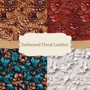 Floral Embossed Leather Seamless Digital Papers: Tooled Western Pattern, Vintage Flowers, Colorful Backgrounds, PNG Sublimation Set of 20