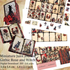 Gothic Rose Miniature Junk Journal Kit: Pages Fuzzy Cuts Pockets Bookmark for Dollhouses & Halloween Decor, Mystical Witch Book of Shadows