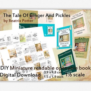 Może przedstawiać: Cyfrowe pobranie miniaturowej, czytelnej i otwieranej książki DIY zatytułowanej "The Tale of Ginger and Pickles" autorstwa Beatrix Potter. Książka ma wymiary 3,9 x 4,8 cm i skalę 1:6. Obraz przedstawia różne okładki i strony wewnętrzne.