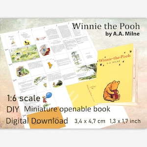 Puede incluir: Una descarga digital para un libro miniatura abrible de bricolaje a escala 1:6 de Winnie the Pooh de A.A. Milne. El libro mide 3,4 x 4,7 cm o 1,3 x 1,7 pulgadas. La portada presenta un fondo amarillo con una imagen de dibujos animados de Winnie the Pooh sosteniendo un tarro de miel.