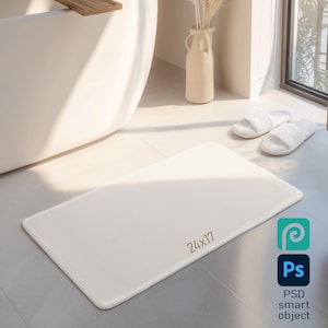 Bath Mat Mockup PSD, 24x17 Rug Template, Rectangle Floor Mat Smart Object, Minimal Sunlit Bathroom Scene for Pattern Displays