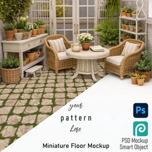 May include: A miniature patio scene featuring wicker furniture, potted plants, and a stone tile floor. The scene includes two wicker armchairs with striped cushions, a round table, and a white cabinet with drawers. The text "your pattern here" is visible.