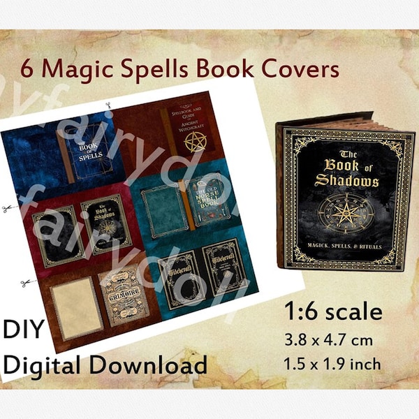 DIY 6 Covers for Miniature Magic Spells Book 1:6 for Making Dollhouse Book, Printable Halloween vintage openable doll mini book