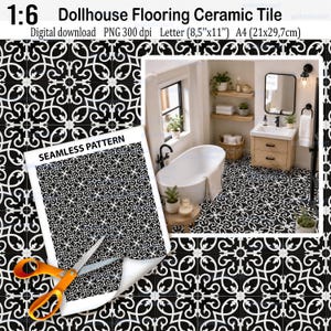 May include: 1:6 Dollhouse Flooring Ceramic Tile digital download PNG 300 dpi Letter (8.5"x11") A4 (21x29.7cm). A black and white seamless pattern featuring an intricate scrollwork design, shown applied to a miniature bathroom floor with a tub.