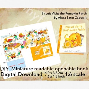 Autumn Printable Doll Mini Book for Dollhouse 1:6 1/4 scale, Biscuit Visits the Pumpkin Patch, DIY miniature library, Openable, Readable