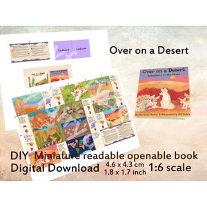 DIY Doll mini book with 26 pages, digital download, Over on a desert, dollhouse library 1:6 1/4 scale, Blythe, doll room, Ukrainian artist