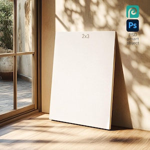 Vertical Canvas Mockup in Cozy Rustic Interior – Realistic Wall Art Frame for Posters, Paintings & Digital Artwork – PSD with smart objects