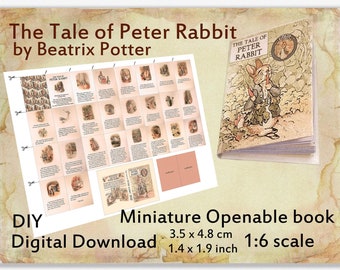 Tale of Peter Rabbit by Beatrix Potter, Doll printable miniature book for dollhouse 1/6 scale, digital Download, diy mini book with 26 pages