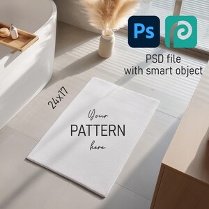 May include: A white rectangular bath mat, measuring 61x43 cm, is placed on a tiled floor. The text "Your PATTERN here" is printed on the mat. The image also includes a vase with dried plants and design software icons.