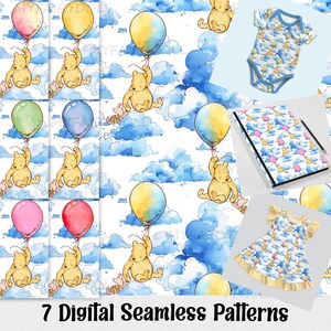Set van 7 naadloos herhalende patronen met klassieke Winnie de Poeh en Knorretje in de wolken: digitaal ontwerp voor cadeauverpakking, behang en stof